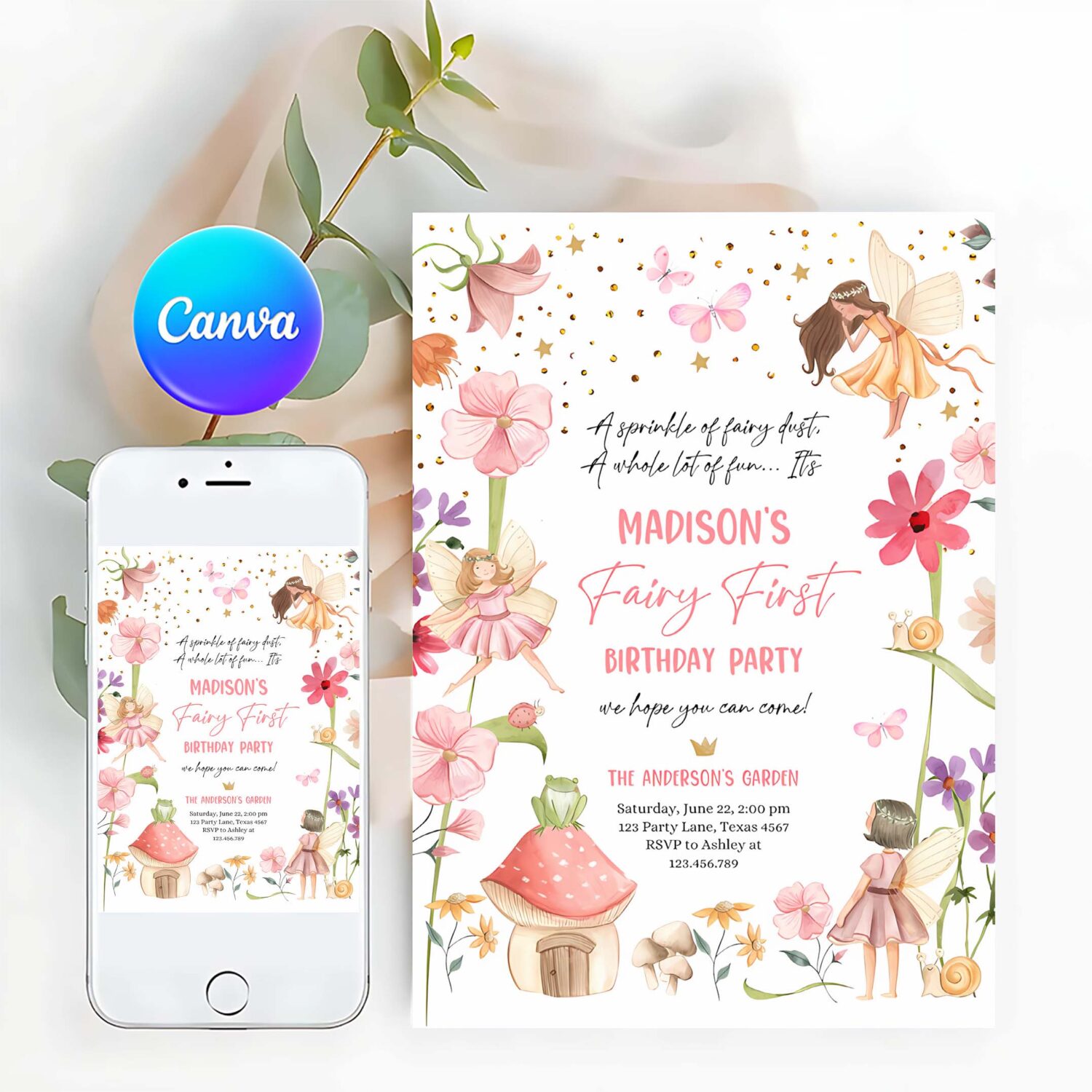 Editable fairy first birthday invitation fairy garden birthday fairy forest girl 1st birthday magical download printable template corjl 0406