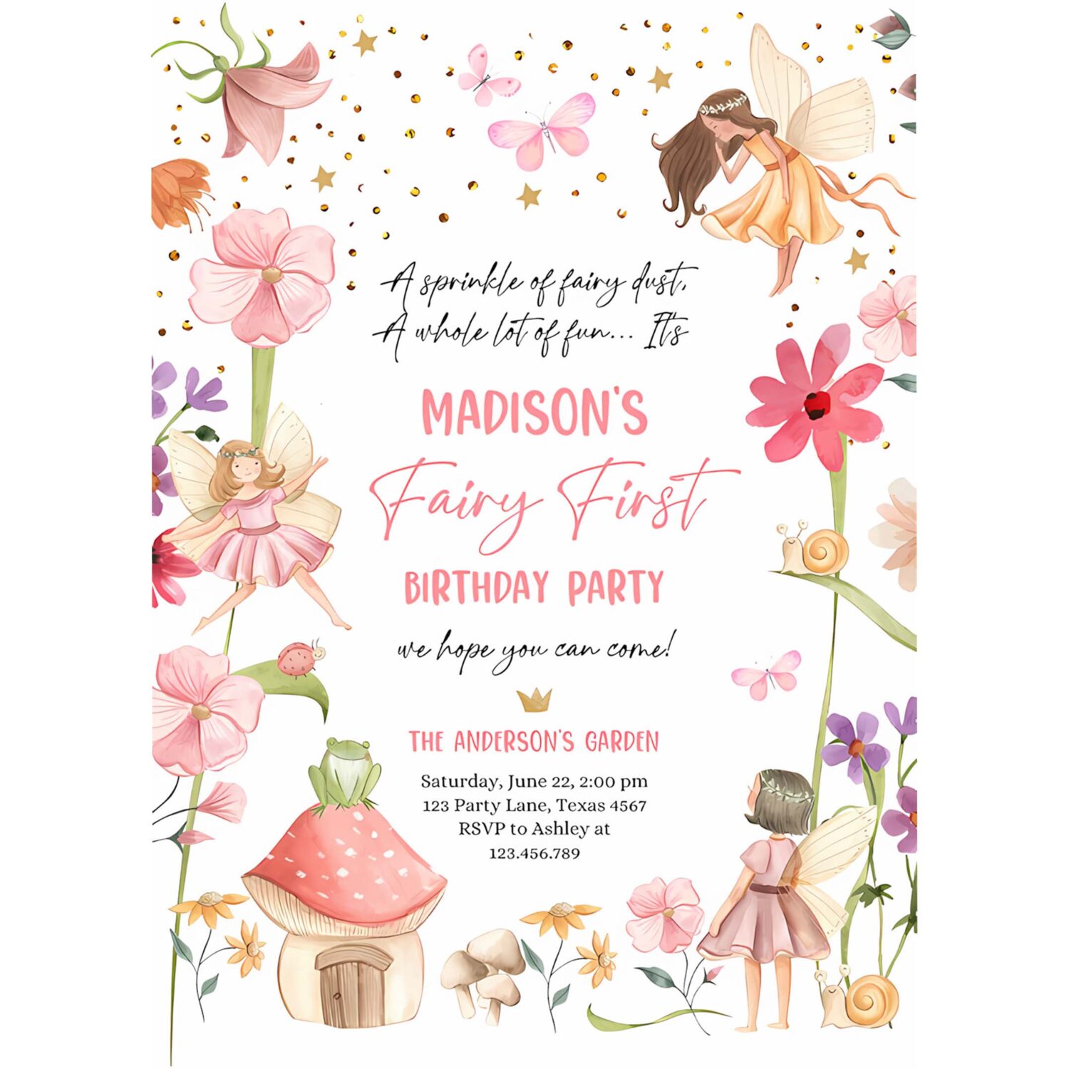 Editable fairy first birthday invitation fairy garden birthday fairy forest girl 1st birthday magical download printable template corjl 0406 4