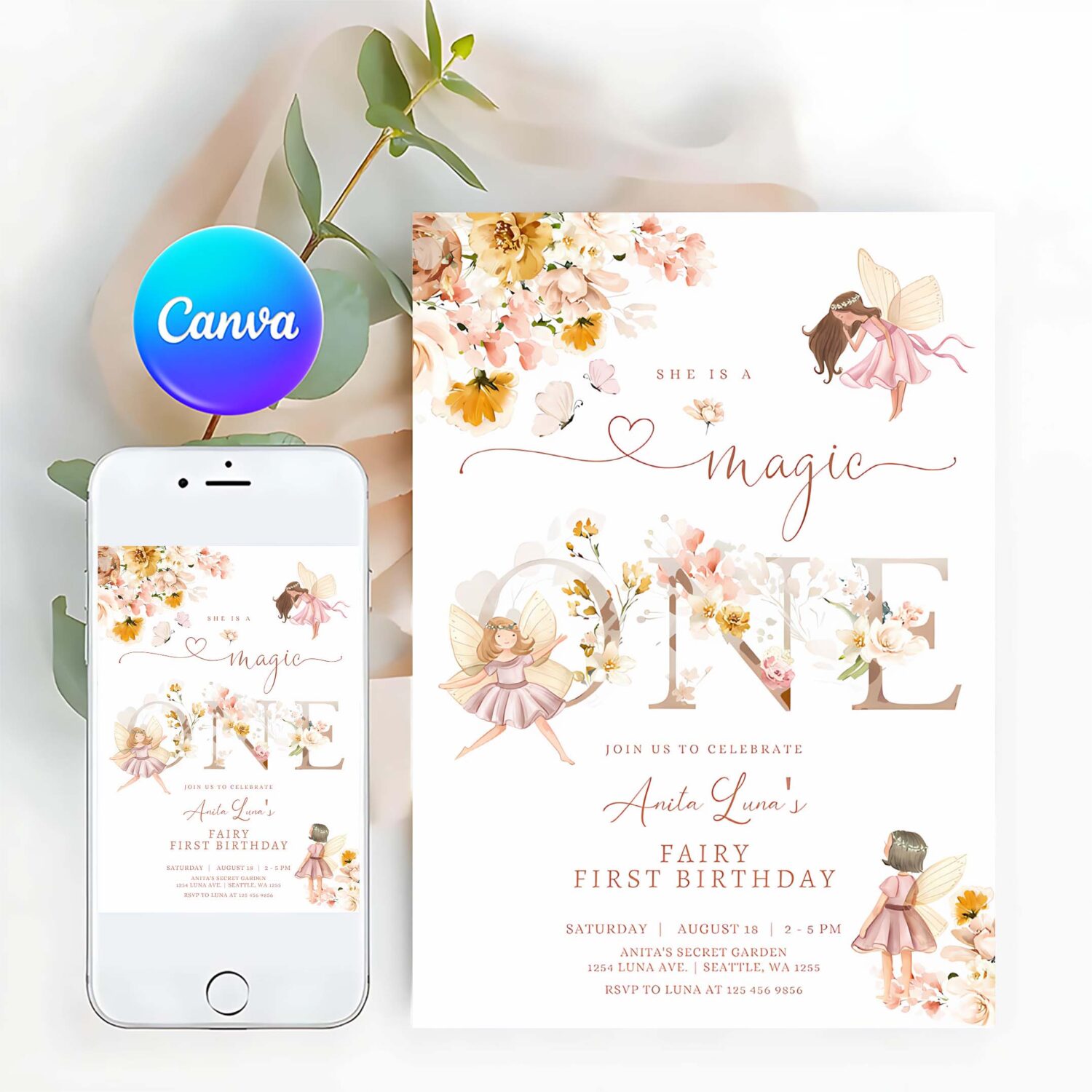 Editable fairy magic one birthday invitation butterfly magical wildflower garden fairy fairy birthday invite