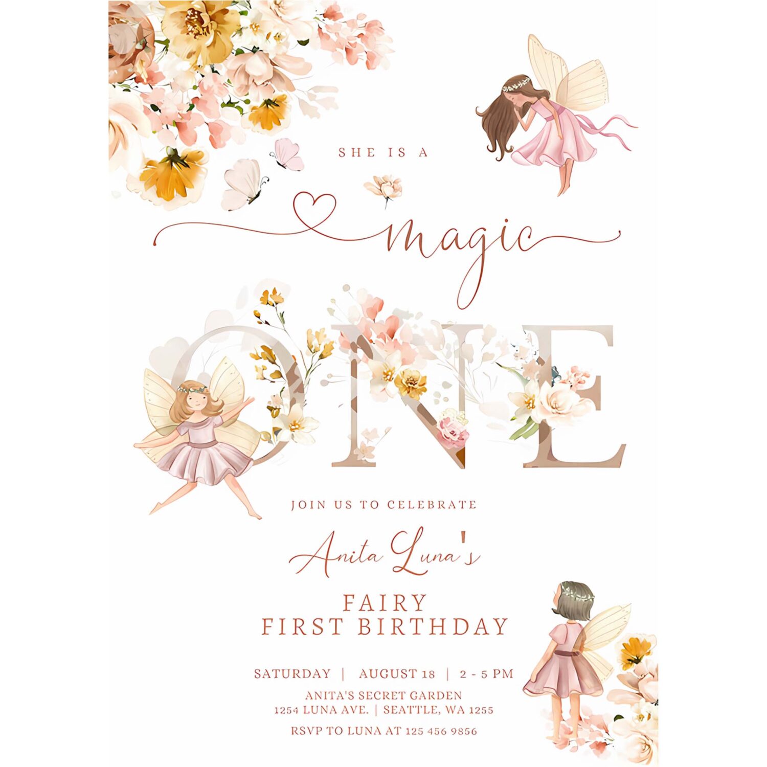 Editable fairy magic one birthday invitation butterfly magical wildflower garden fairy fairy birthday invite 4