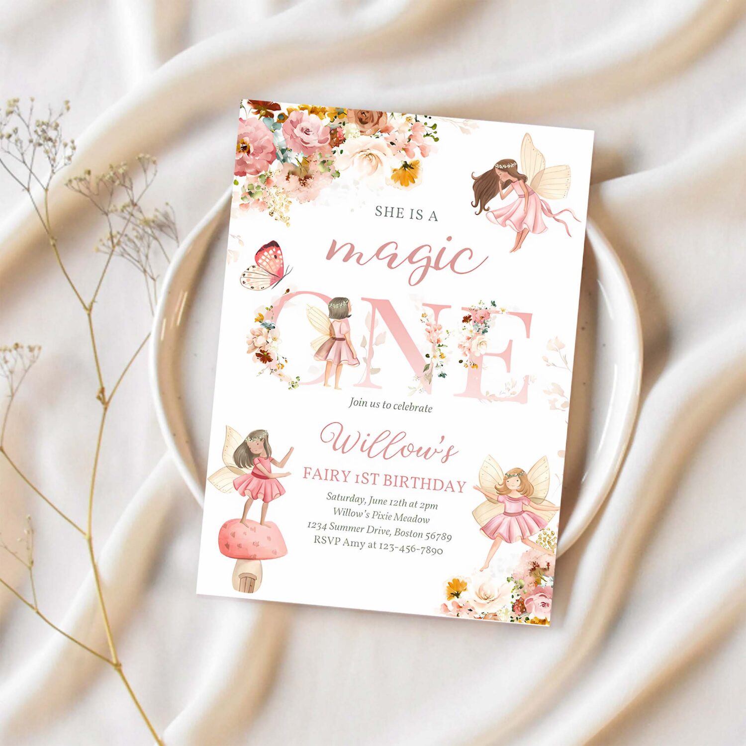 Editable fairy magic one birthday invitation whimsical wildflower fairy 1st birthday magical floral fairy garden party instant download wf 1