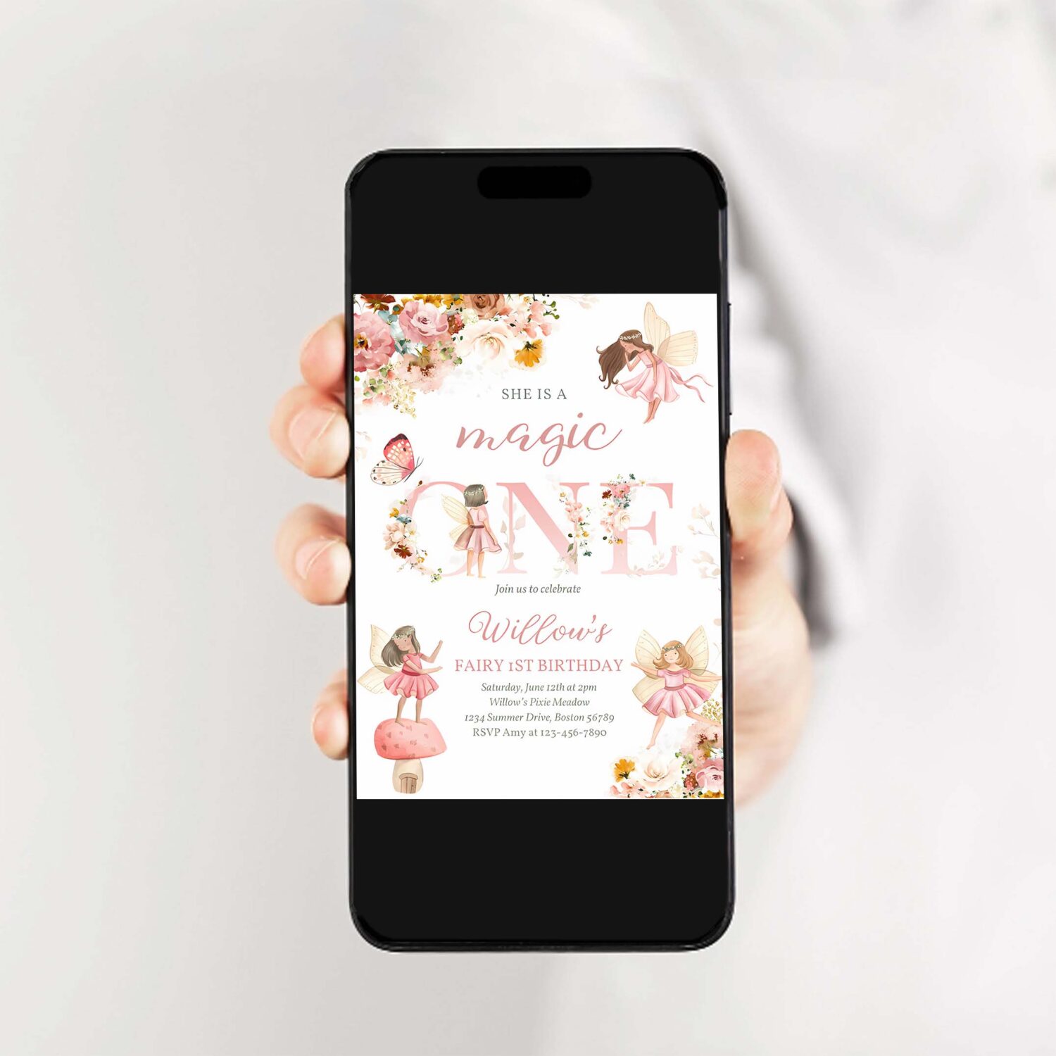 Editable fairy magic one birthday invitation whimsical wildflower fairy 1st birthday magical floral fairy garden party instant download wf 2
