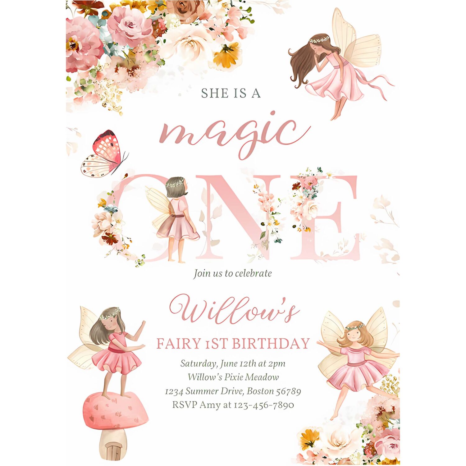 Editable fairy magic one birthday invitation whimsical wildflower fairy 1st birthday magical floral fairy garden party instant download wf 4