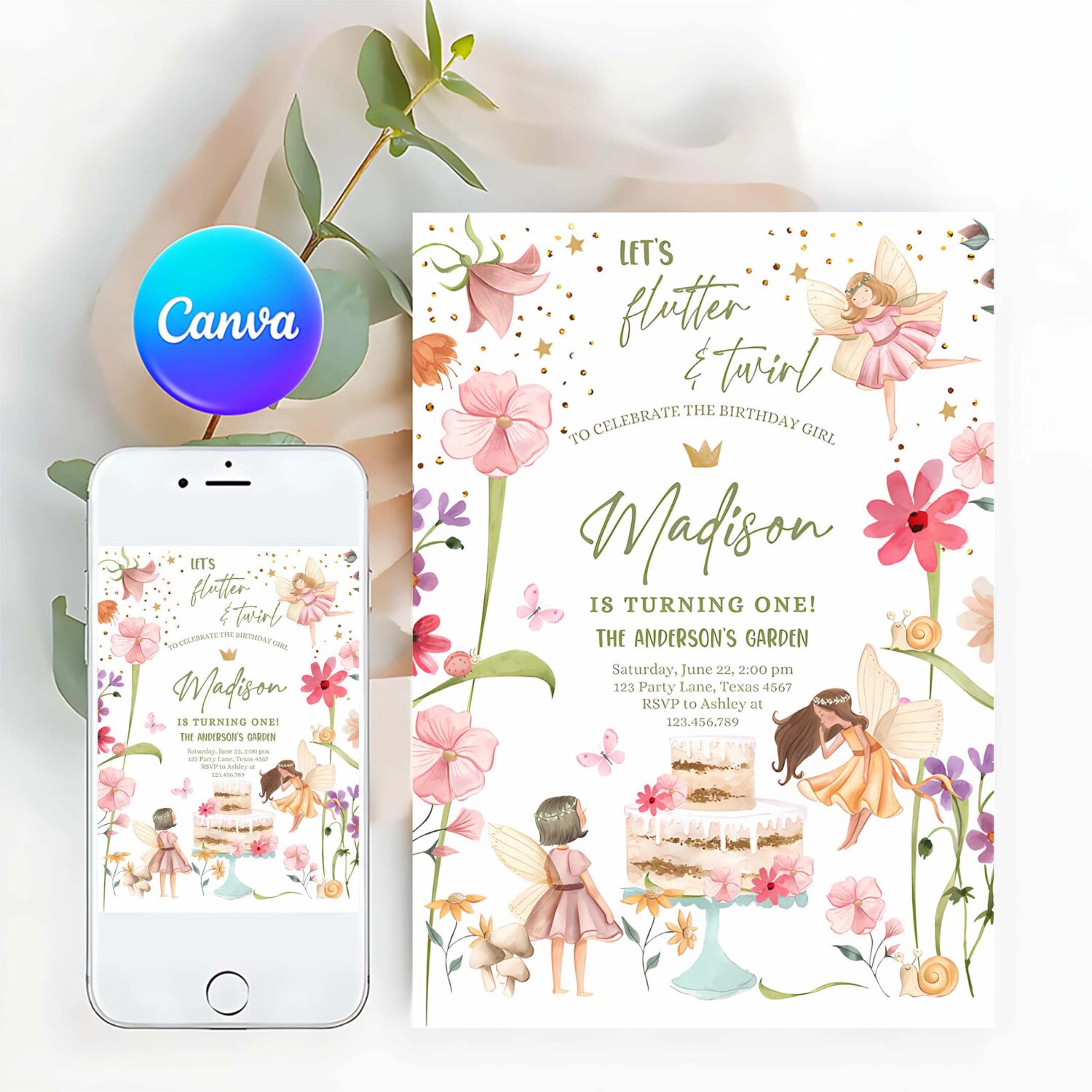 Editable fairy princess birthday invitation girl pink floral fairy party whimsical garden download printable template corjl digital 0406