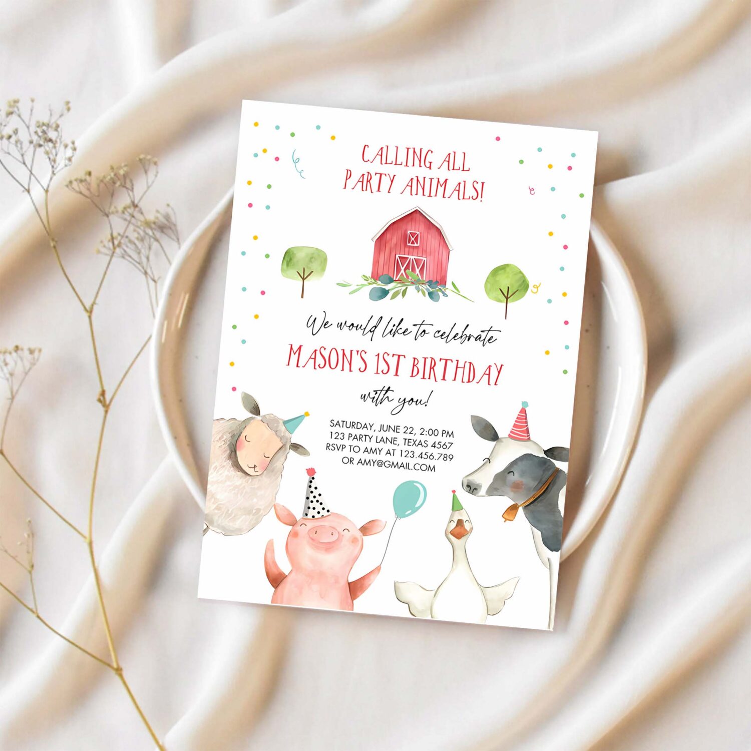 Editable farm animals birthday invitation boy farm barnyard first birthday party animals confetti party invitation 1