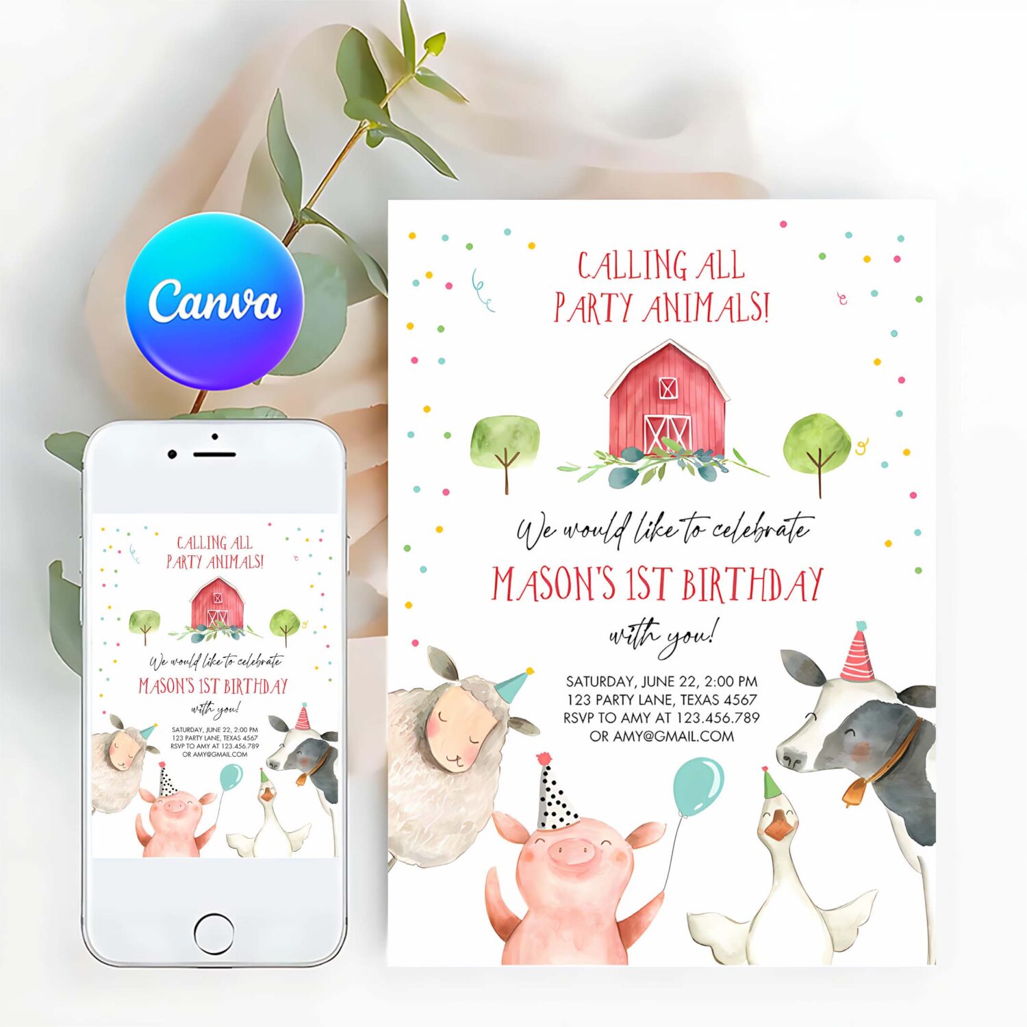 Editable farm animals birthday invitation boy farm barnyard first birthday party animals confetti party invitation