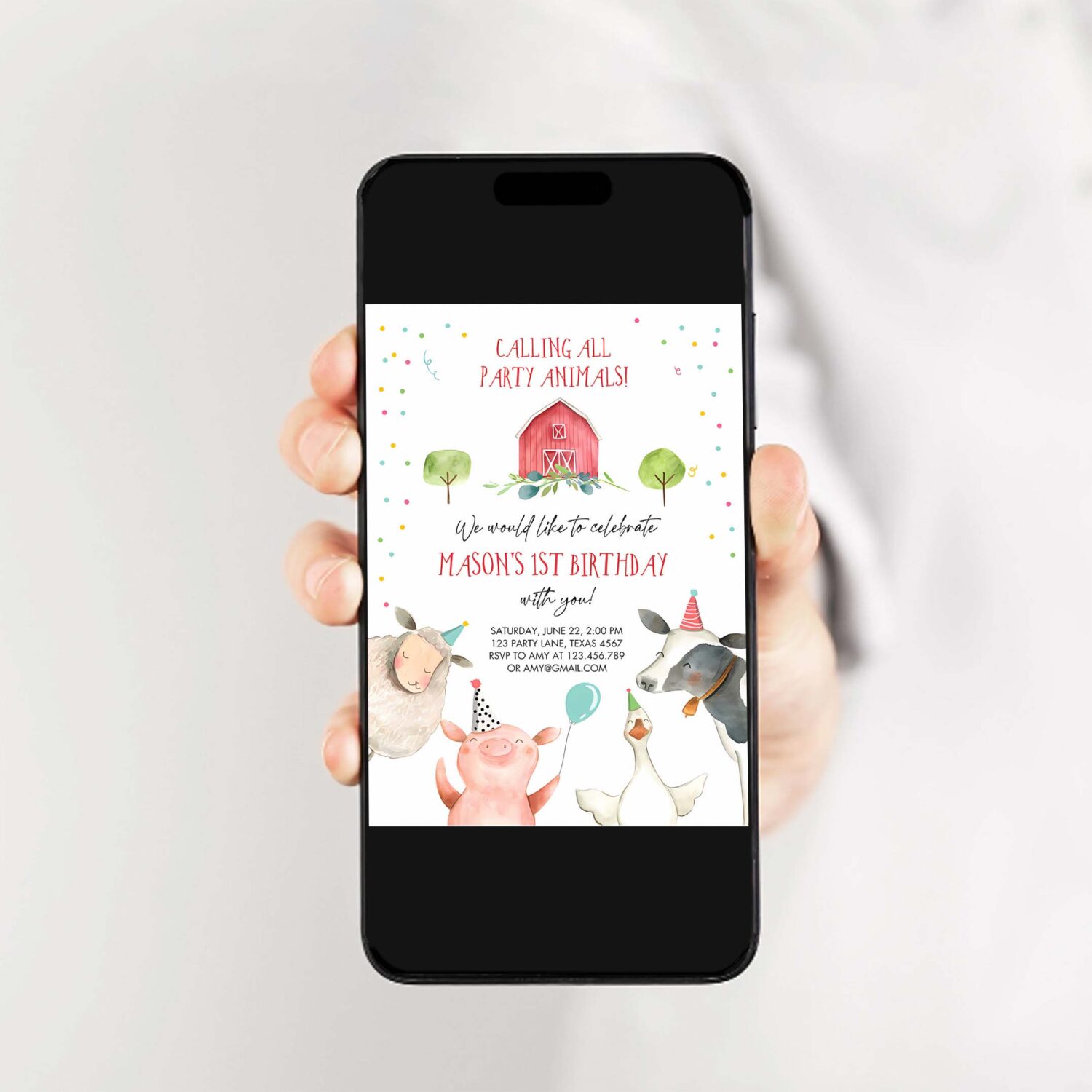 Editable farm animals birthday invitation boy farm barnyard first birthday party animals confetti party invitation 2