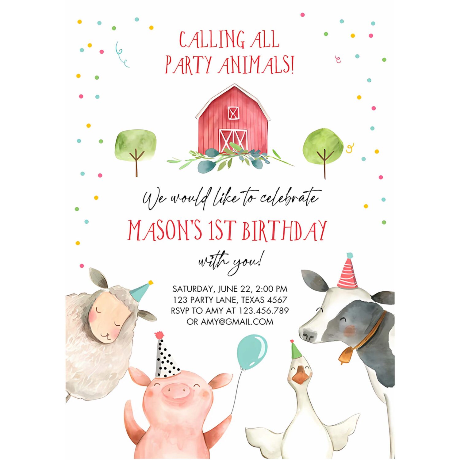 Editable farm animals birthday invitation boy farm barnyard first birthday party animals confetti party invitation 4