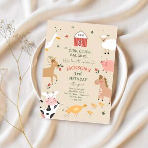 Editable farm animals birthday invitation boys farm barnyard first birthday party animals modern farm download corjl template printable 0436 1