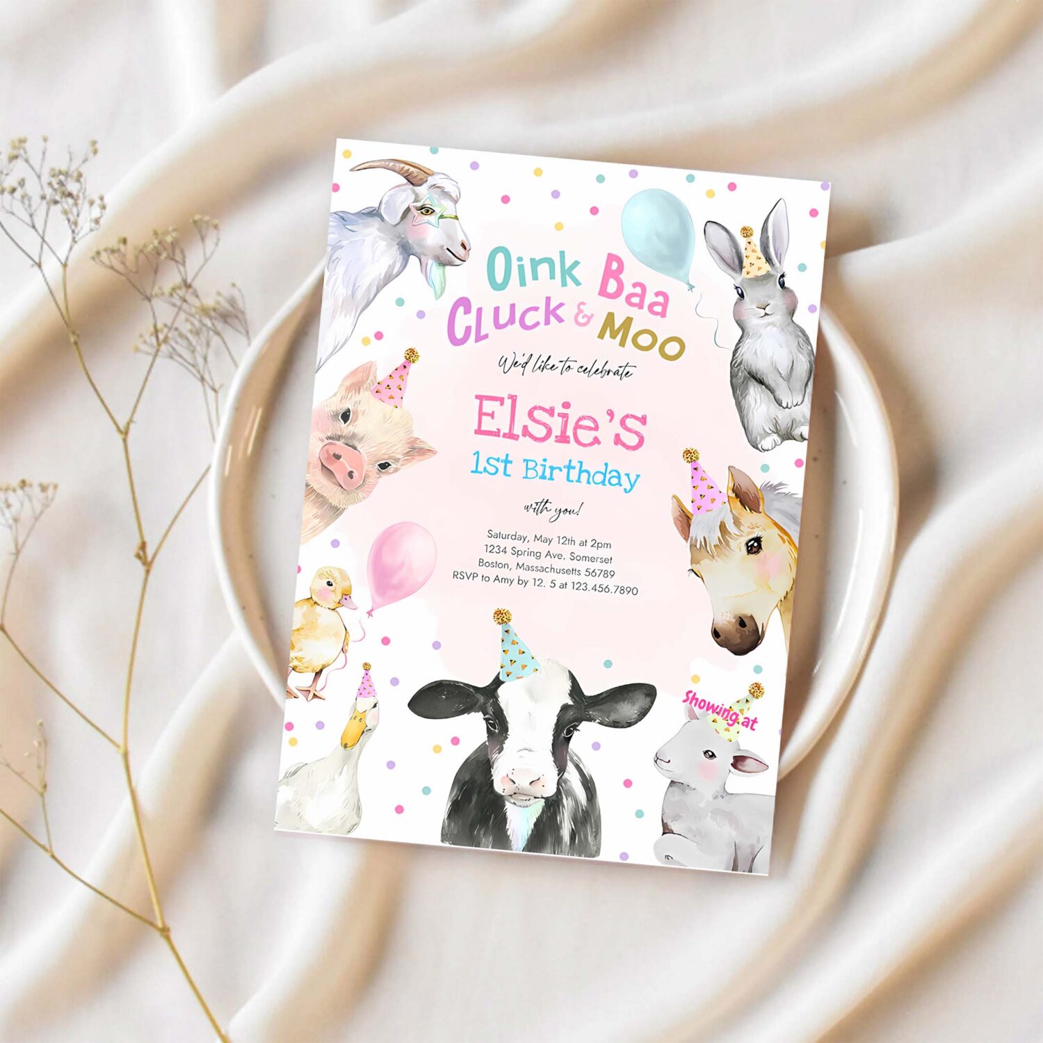 Editable farm animals birthday party invitation pink girl farm barnyard 1st birthday party animals 1st birthday party 1