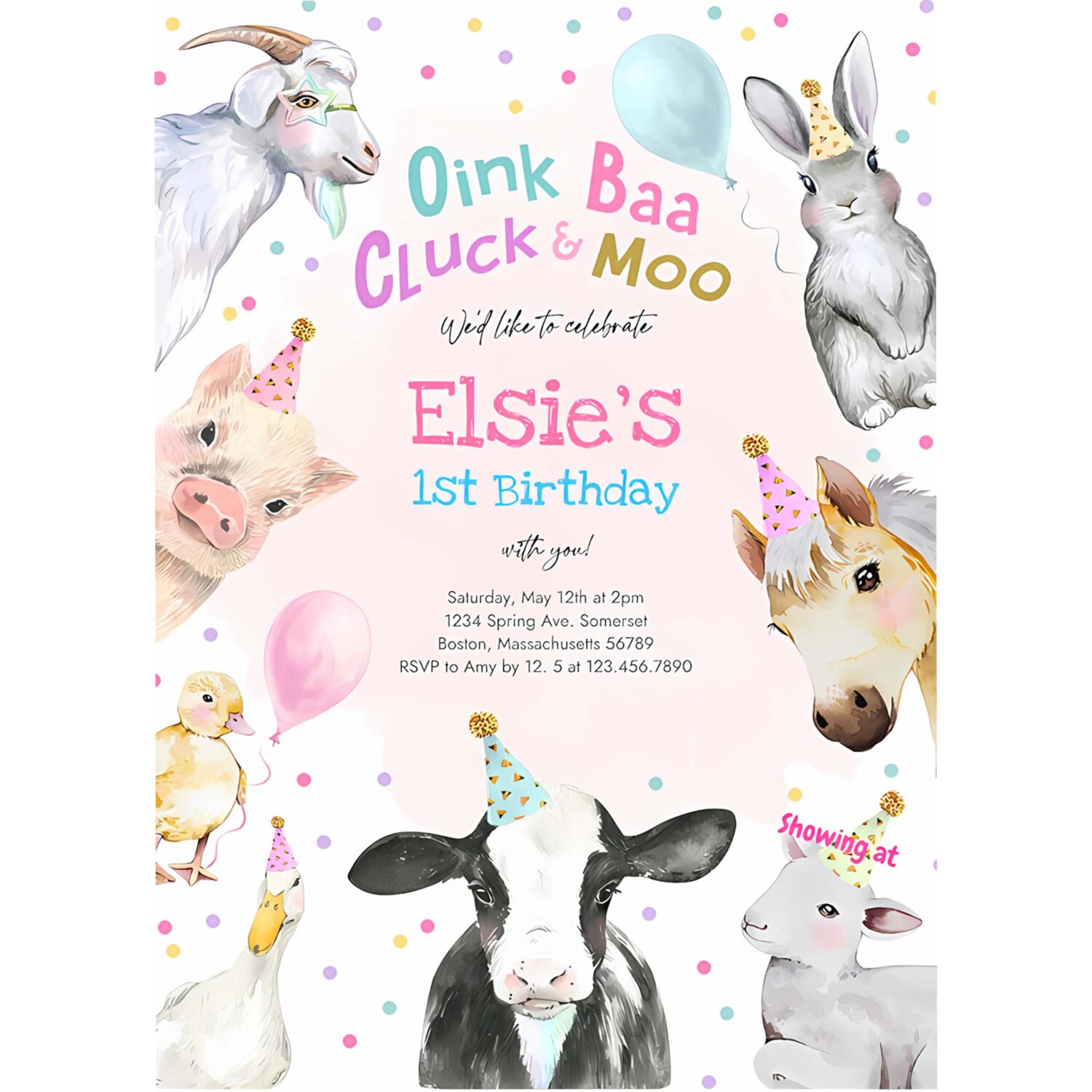 Editable farm animals birthday party invitation pink girl farm barnyard 1st birthday party animals 1st birthday party 4