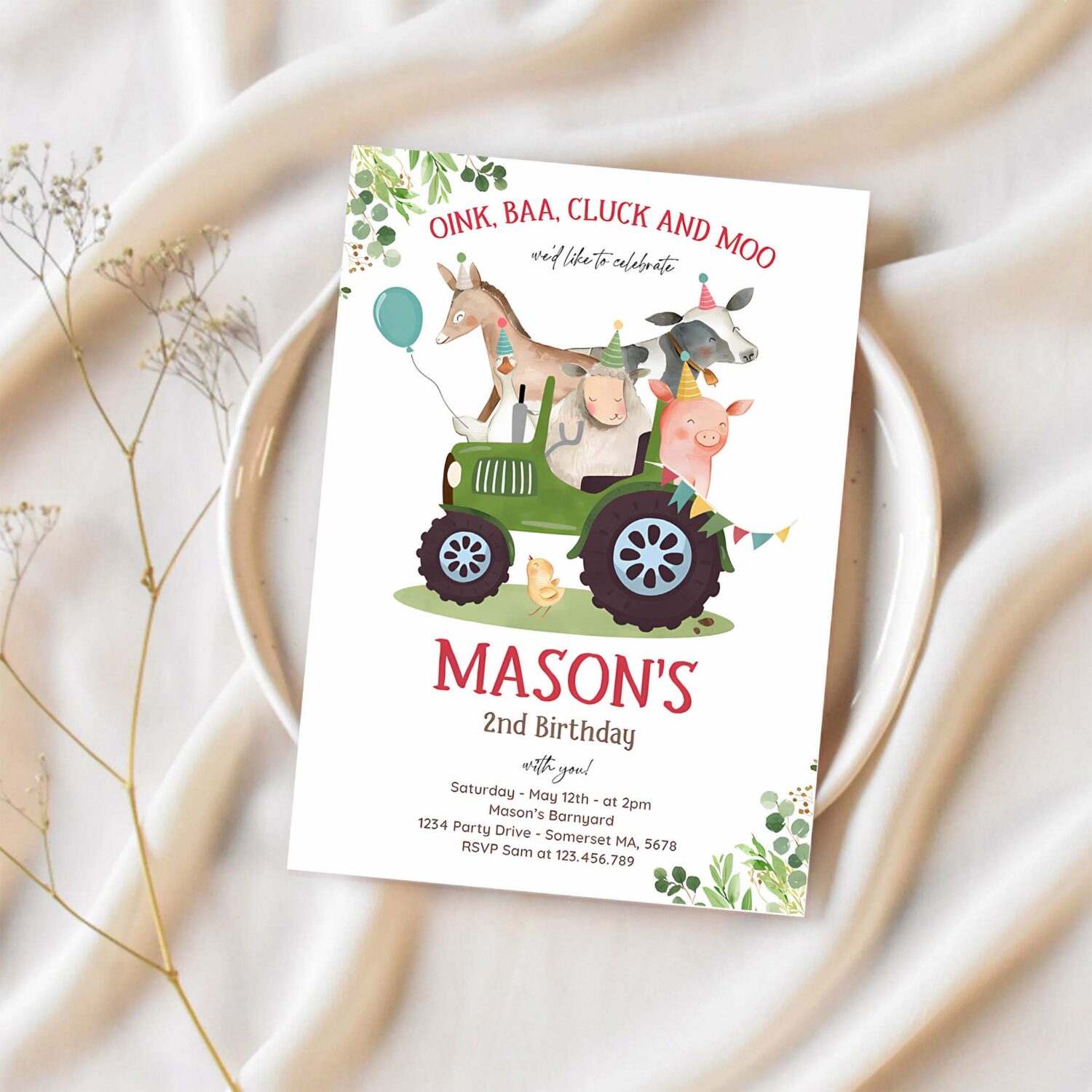 Editable farm birthday invitation boy farm animals birthday invitation boy barnyard birthday party green tractor party 1