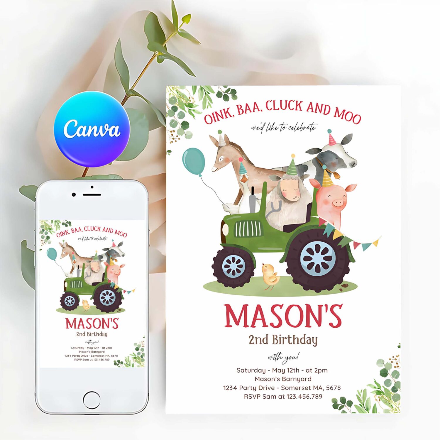 Editable farm birthday invitation boy farm animals birthday invitation boy barnyard birthday party green tractor party