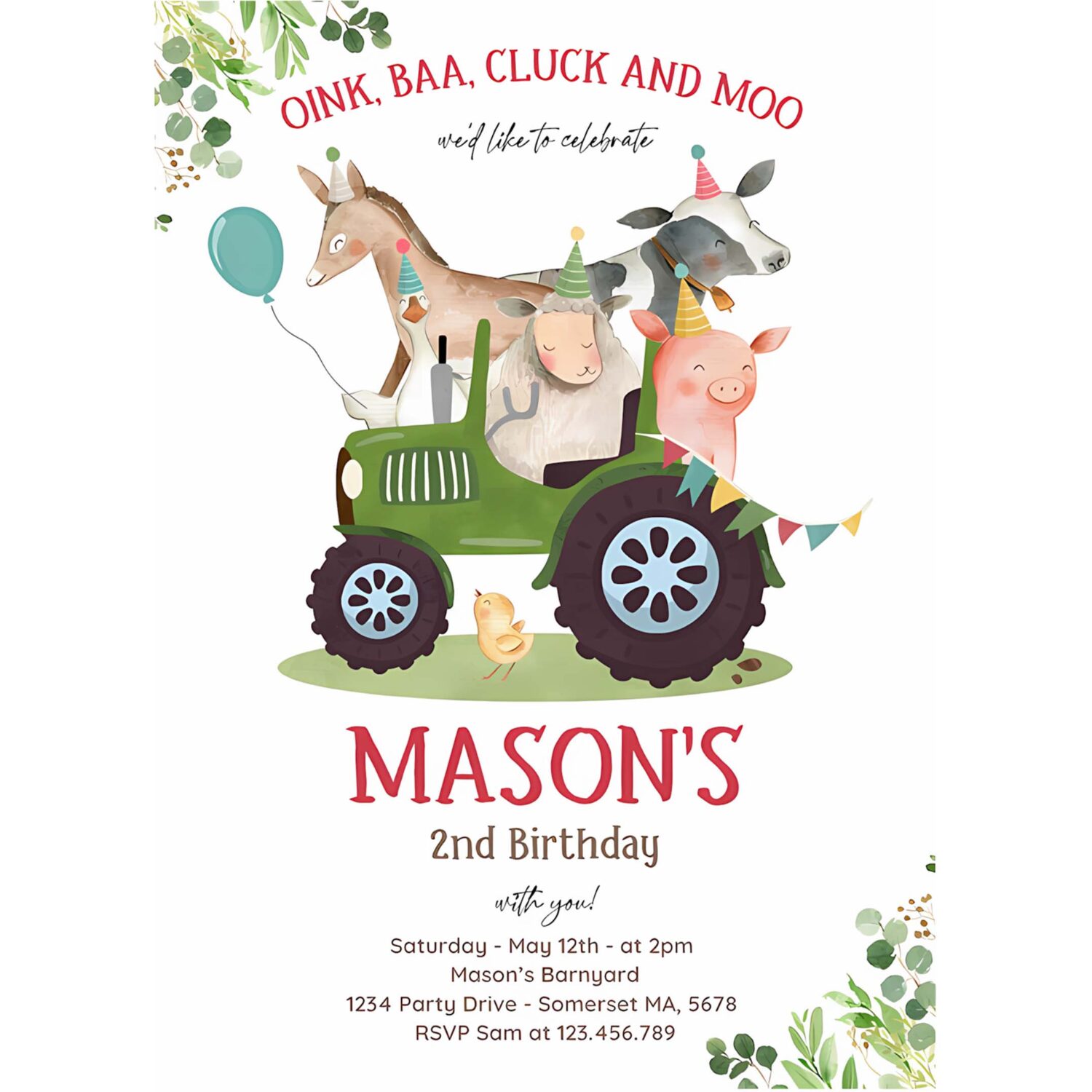 Editable farm birthday invitation boy farm animals birthday invitation boy barnyard birthday party green tractor party 4
