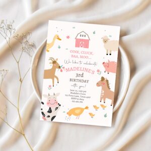 Editable farm birthday invitation girl farm animals pink barnyard party modern pastel download printable invite template digital corjl 0436 1
