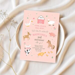Editable farm birthday invitations girl farm animals pink barnyard party modern pastel download printable invite template digital corjl 0436 1