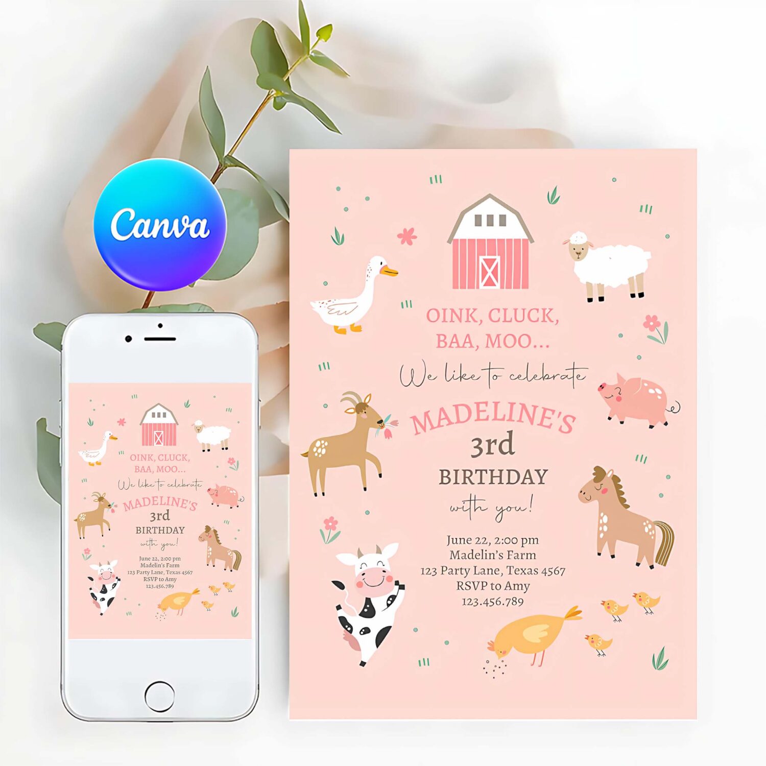 Editable farm birthday invitations girl farm animals pink barnyard party modern pastel download printable invite template digital corjl 0436