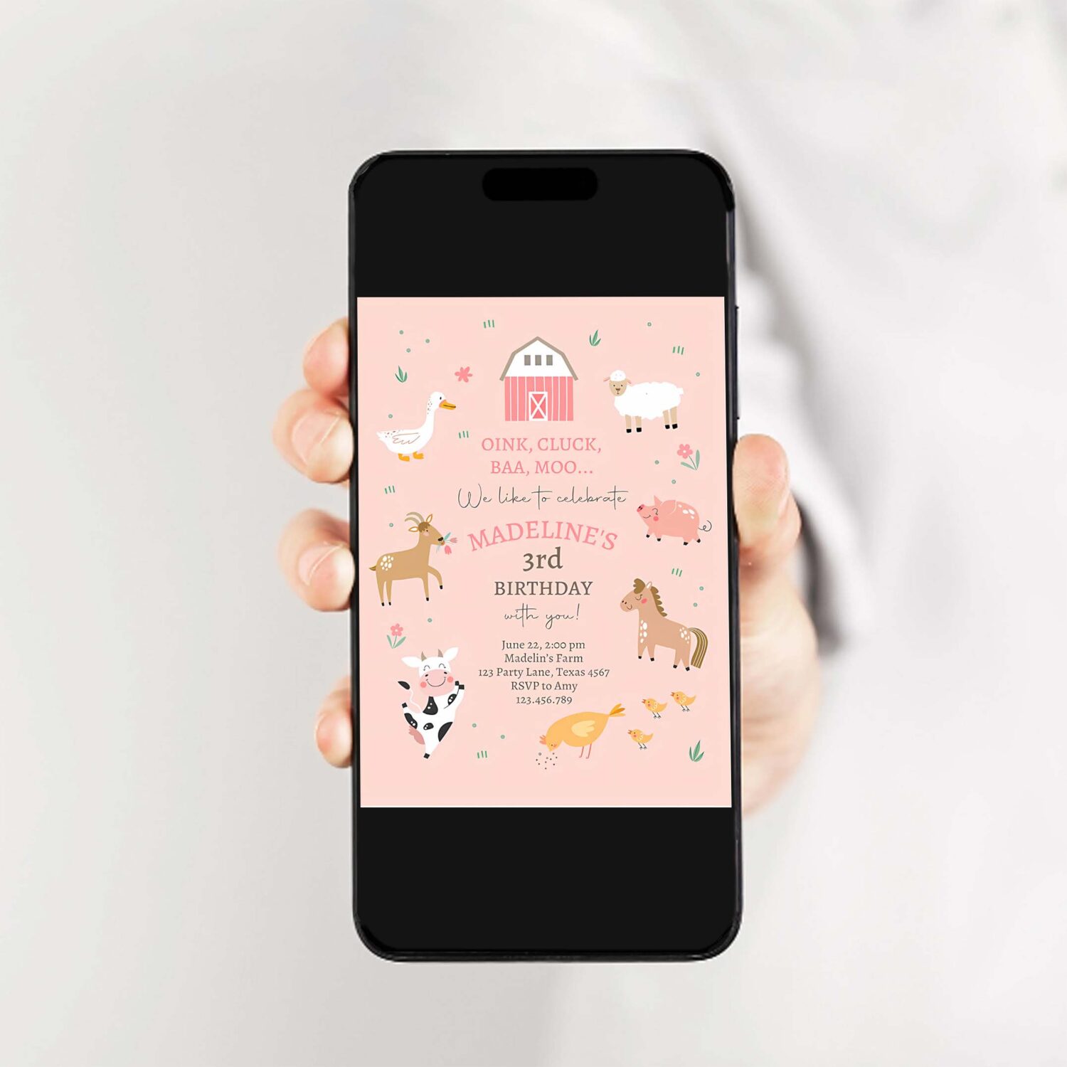 Editable farm birthday invitations girl farm animals pink barnyard party modern pastel download printable invite template digital corjl 0436 2