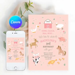 Farm Animal Invitation, Farm Birthday Invitation, Girl Farm Animals Pink Barnyard Party, Modern Pastel Invitation