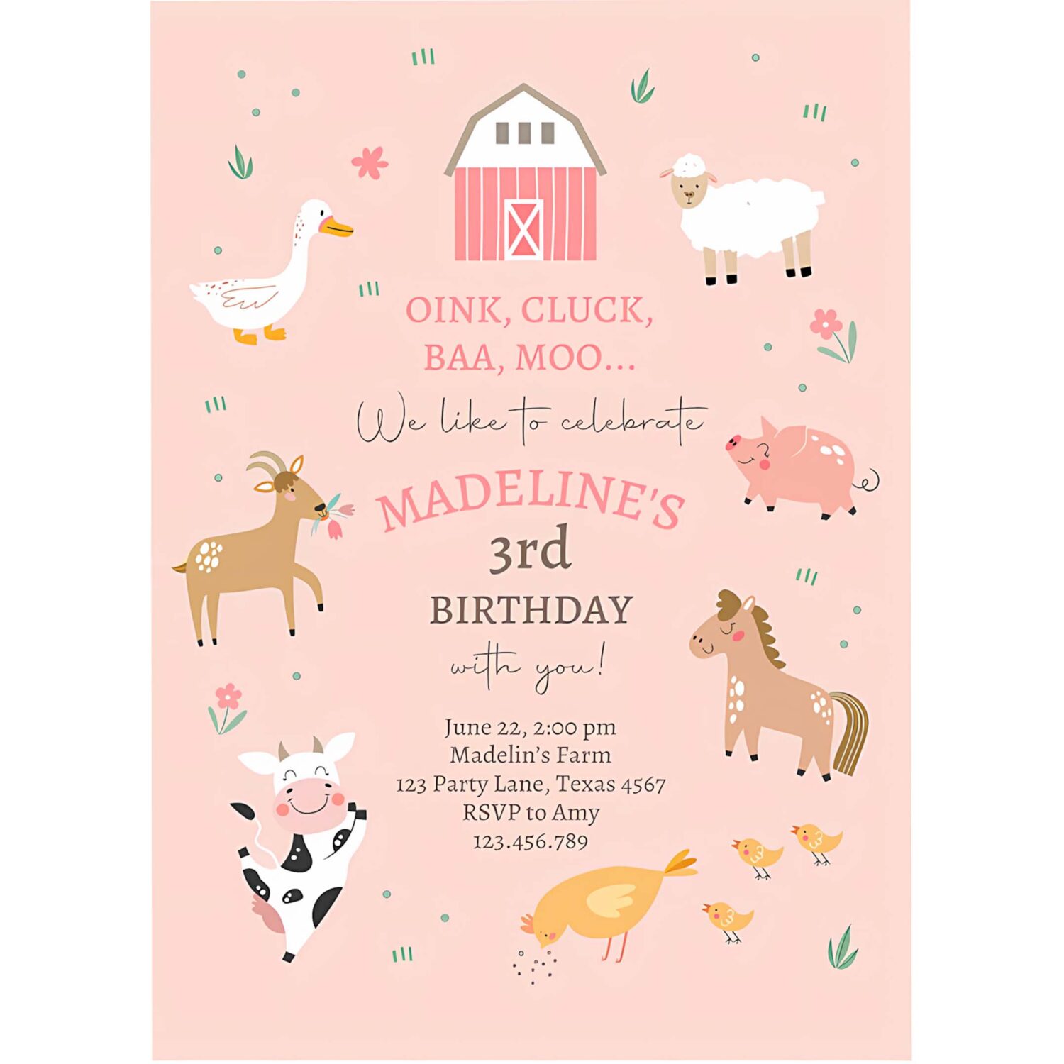 Editable farm birthday invitations girl farm animals pink barnyard party modern pastel download printable invite template digital corjl 0436 4