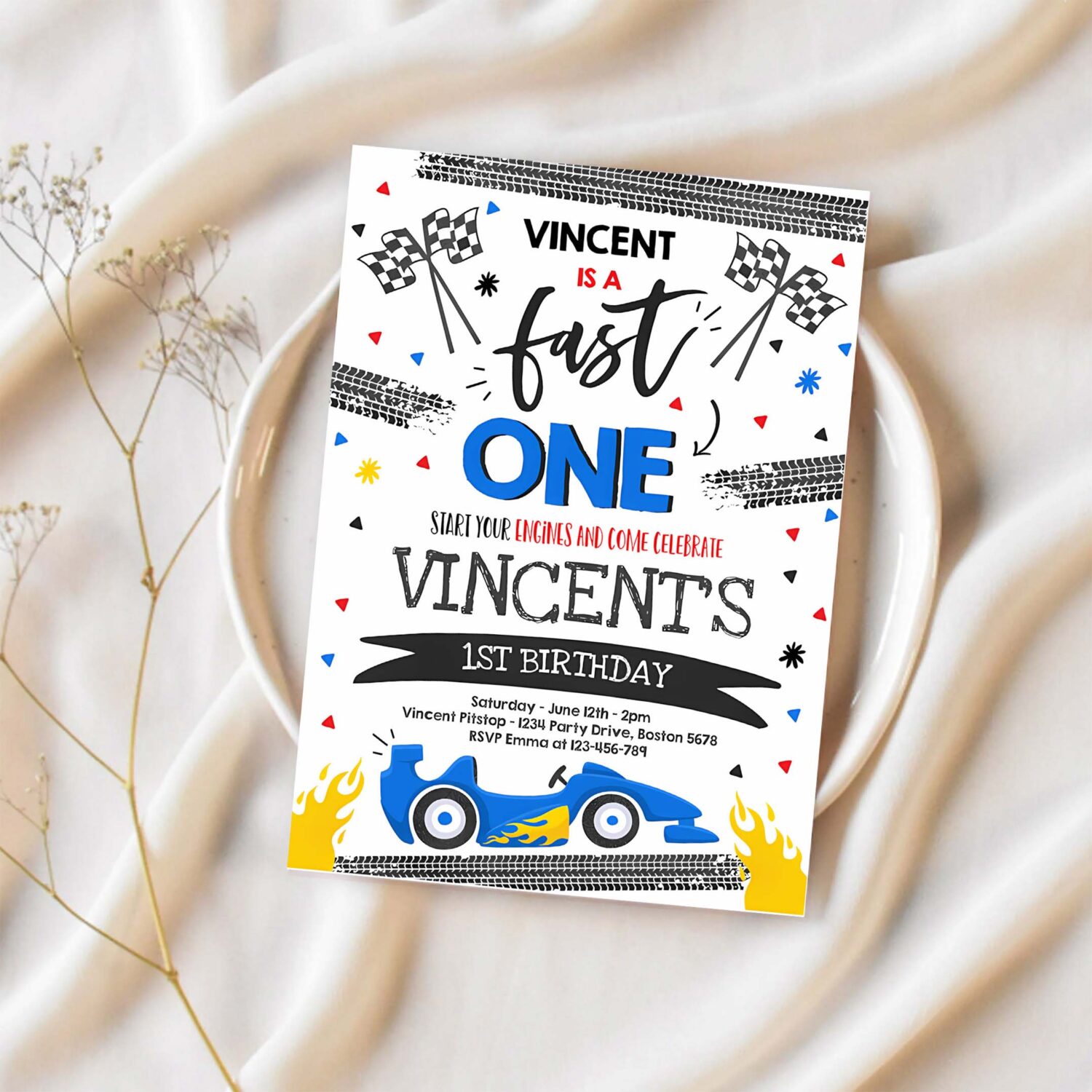 Editable fast one 1st birthday invitation fast one boy race car 1st birthday party invite fast one blue race car party 1