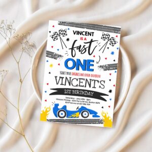 Editable fast one 1st birthday invitation fast one boy race car 1st birthday party invite fast one blue race car party 1