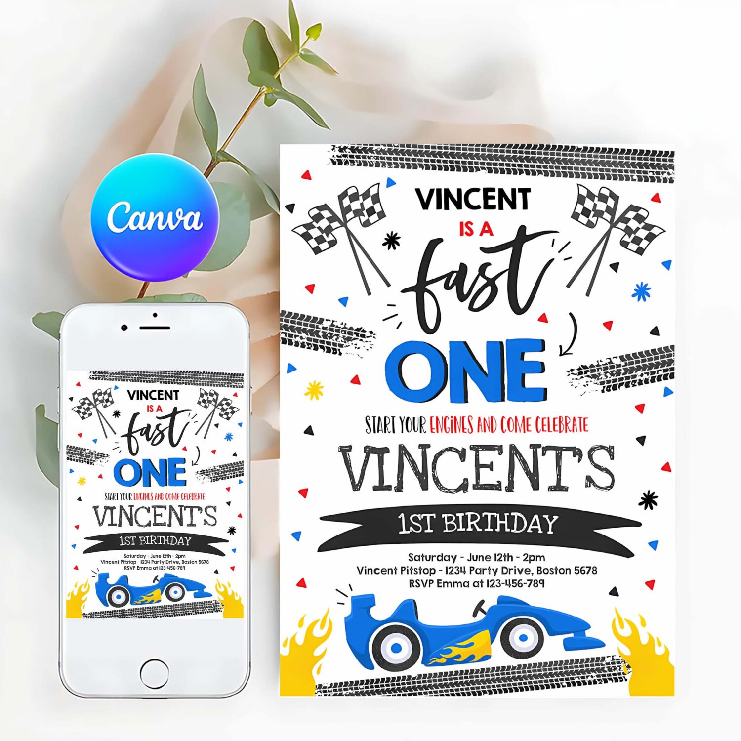 Editable fast one 1st birthday invitation fast one boy race car 1st birthday party invite fast one blue race car party