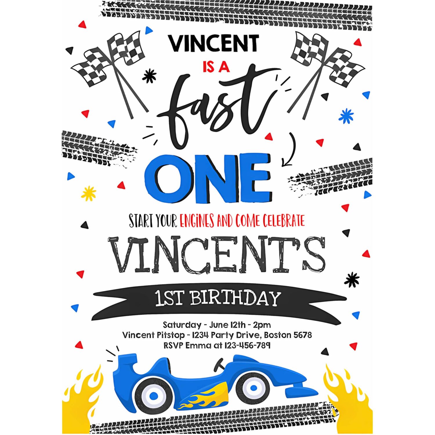 Editable fast one 1st birthday invitation fast one boy race car 1st birthday party invite fast one blue race car party 4