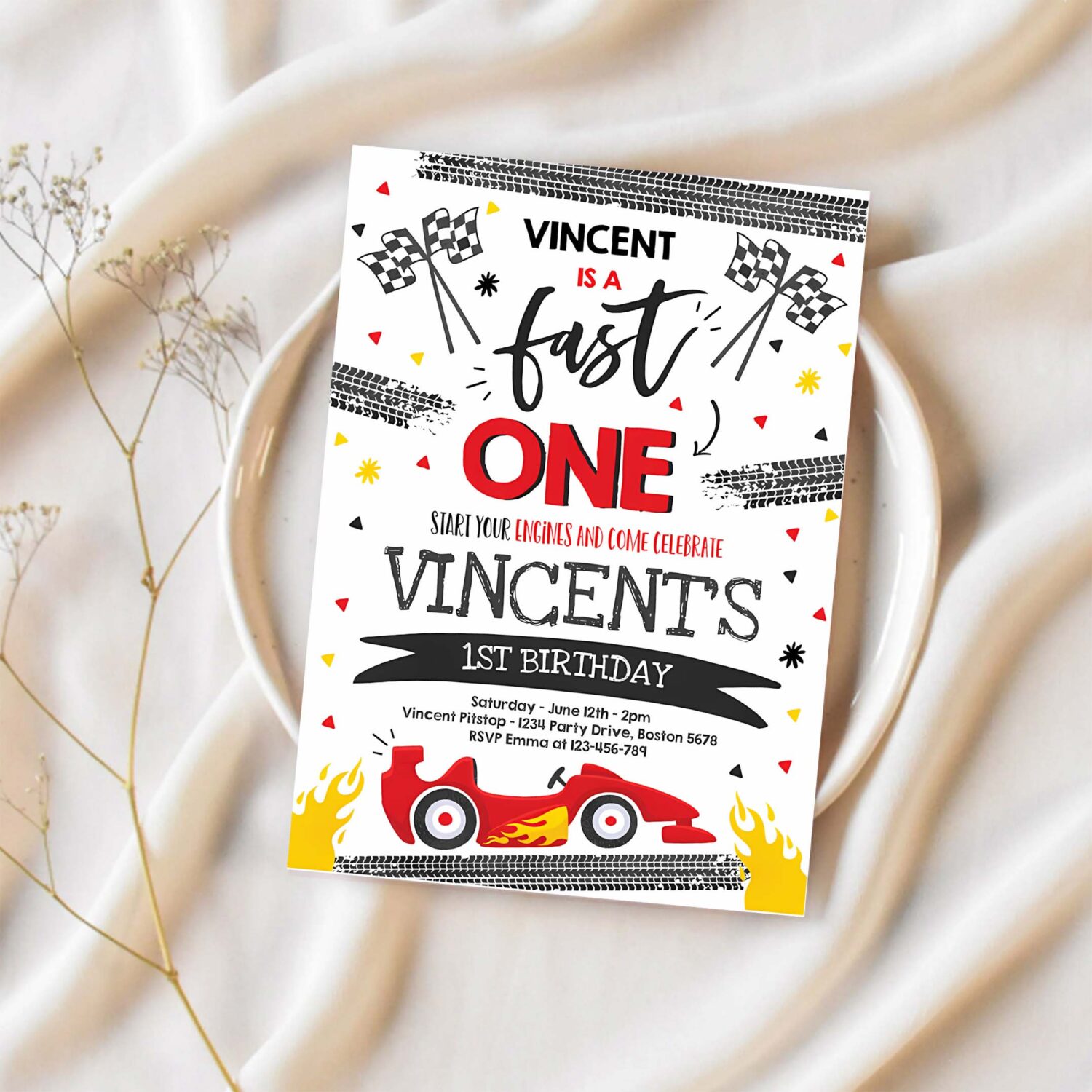 Editable fast one 1st birthday invitation fast one boy race car 1st birthday party invite fast one red race car party 1