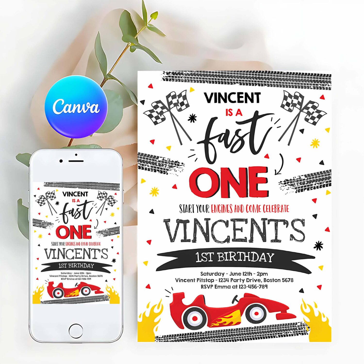 Editable fast one 1st birthday invitation fast one boy race car 1st birthday party invite fast one red race car party