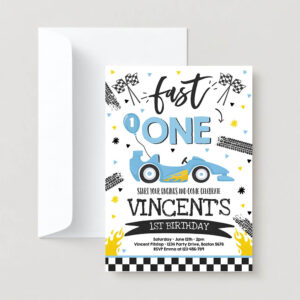 Editable fast one 1st birthday invite fast one boy race car 1st birthday party invite fast one blue race car party 2