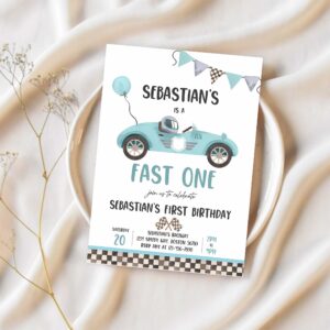 Editable fast one race car 1st birthday invitation race car fast one birthday boy vintage blue race car 1st birthday 1