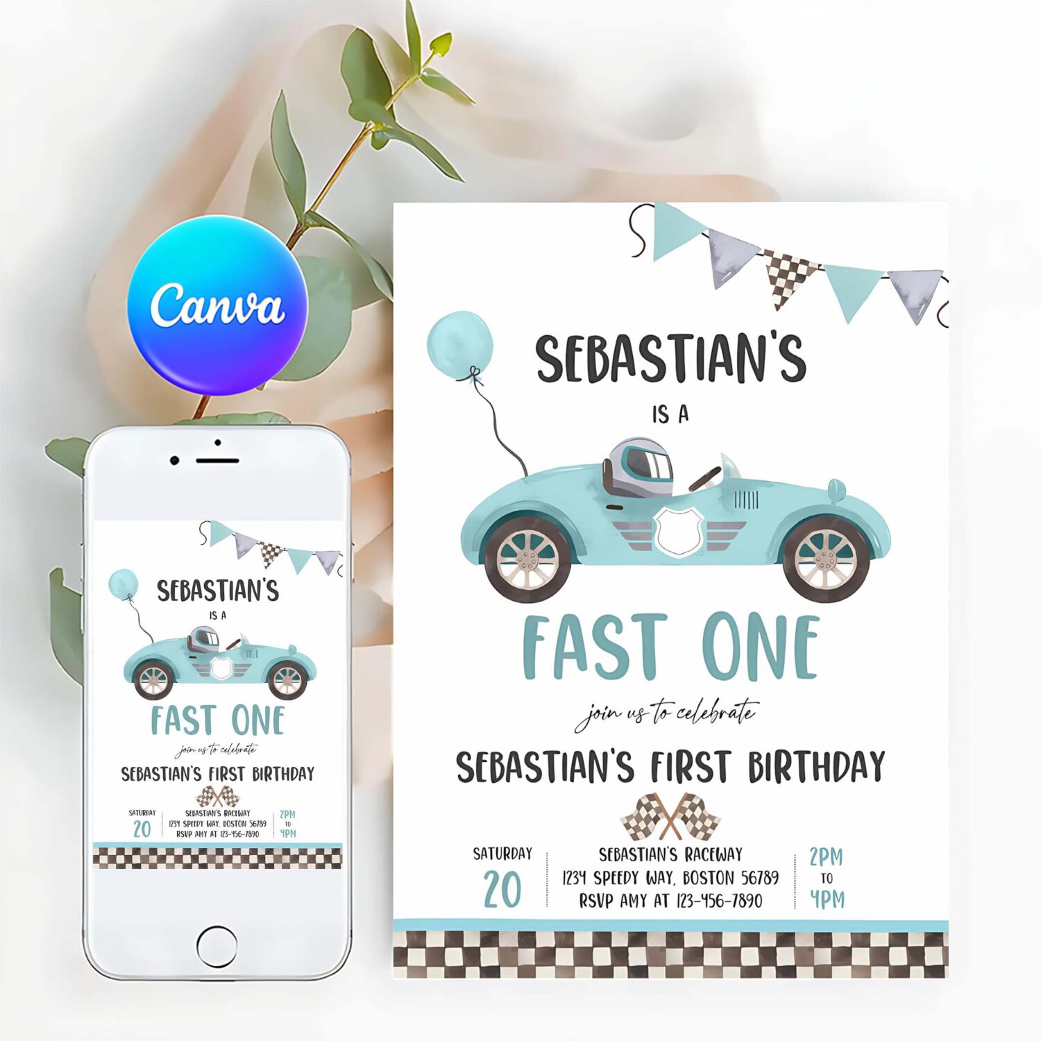 Editable fast one race car 1st birthday invitation race car fast one birthday boy vintage blue race car 1st birthday