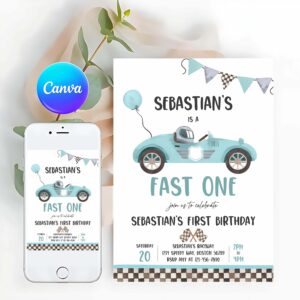 Racing Car Invitation, Fast One Race Car 1st Birthday, Birthday Invitation