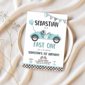 Editable fast one race car 1st birthday invitation race car fast one birthday boy vintage blue race car 1st birthday instant download e5 1