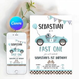 Racing Car Invitation, Race Car Fast One Birthday, Boy Vintage Blue Race Car 1st Birthday Invitation