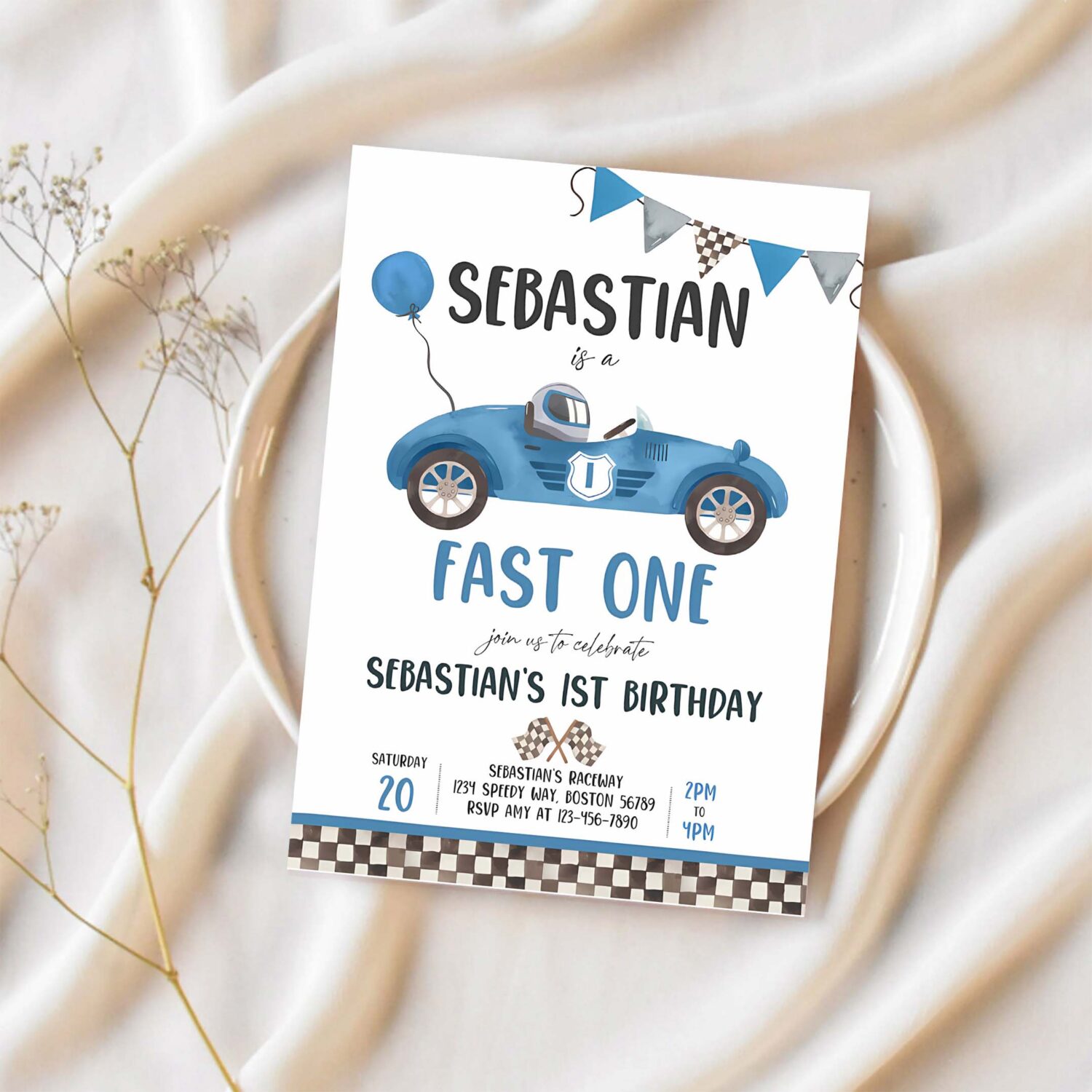 Editable fast one race car 1st birthday invitation race car fast one birthday boy vintage green race car 1st birthday instant download db5 1