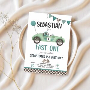 Editable fast one race car 1st birthday invitation race car fast one birthday boy vintage green race car 1st birthday instant download e43 1