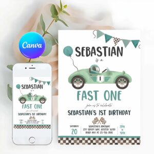 Racing Car Invitation, Race Car Fast One Birthday, Boy Vintage Green Race Car 1st Birthday Invitation