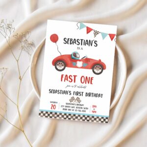 Editable fast one race car 1st birthday invitation race car fast one birthday boy vintage red race car 1st birthday 1