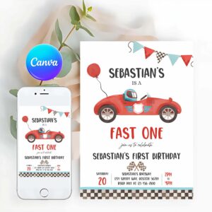 Racing Car Invitation, Fast One Race Car 1st Birthday, Birthday Invitation