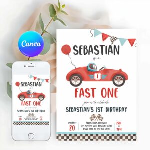 Racing Car Invitation, Race Car Fast One Birthday, Boy Vintage Red Race Car 1st Birthday Invitation