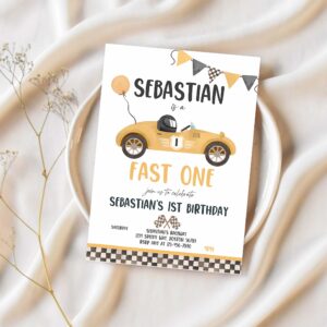 Editable fast one race car 1st birthday invitation race car fast one birthday boy vintage yellow race car 1st birthday instant download ew3 1