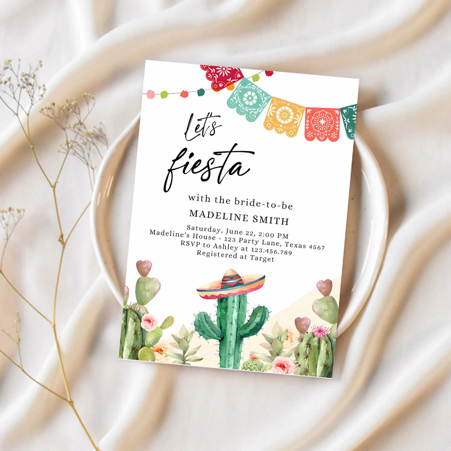 Editable fiesta bridal shower invitation couples shower mexican cactus succulent desert floral printable invitation template corjl 0404 1