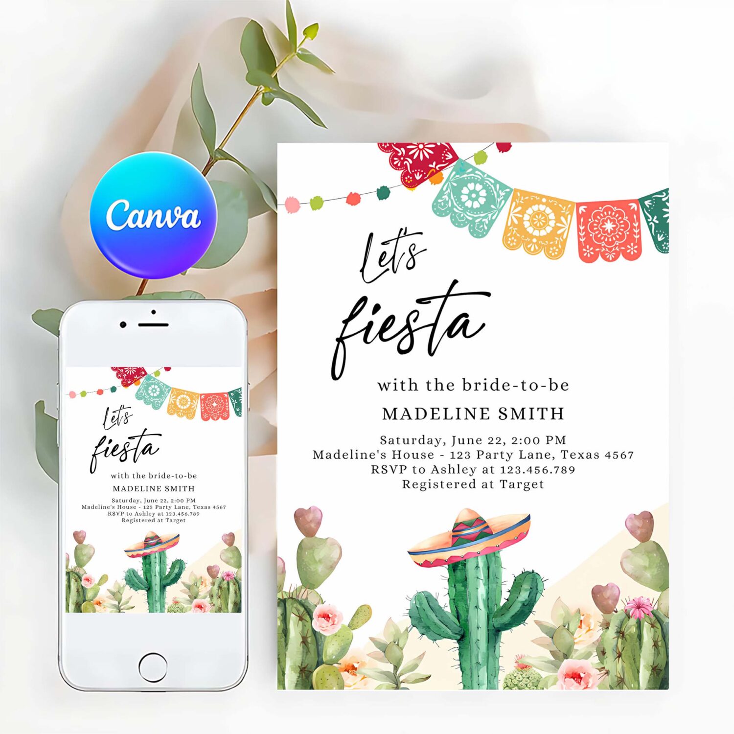 Editable fiesta bridal shower invitation couples shower mexican cactus succulent desert floral printable invitation template corjl 0404