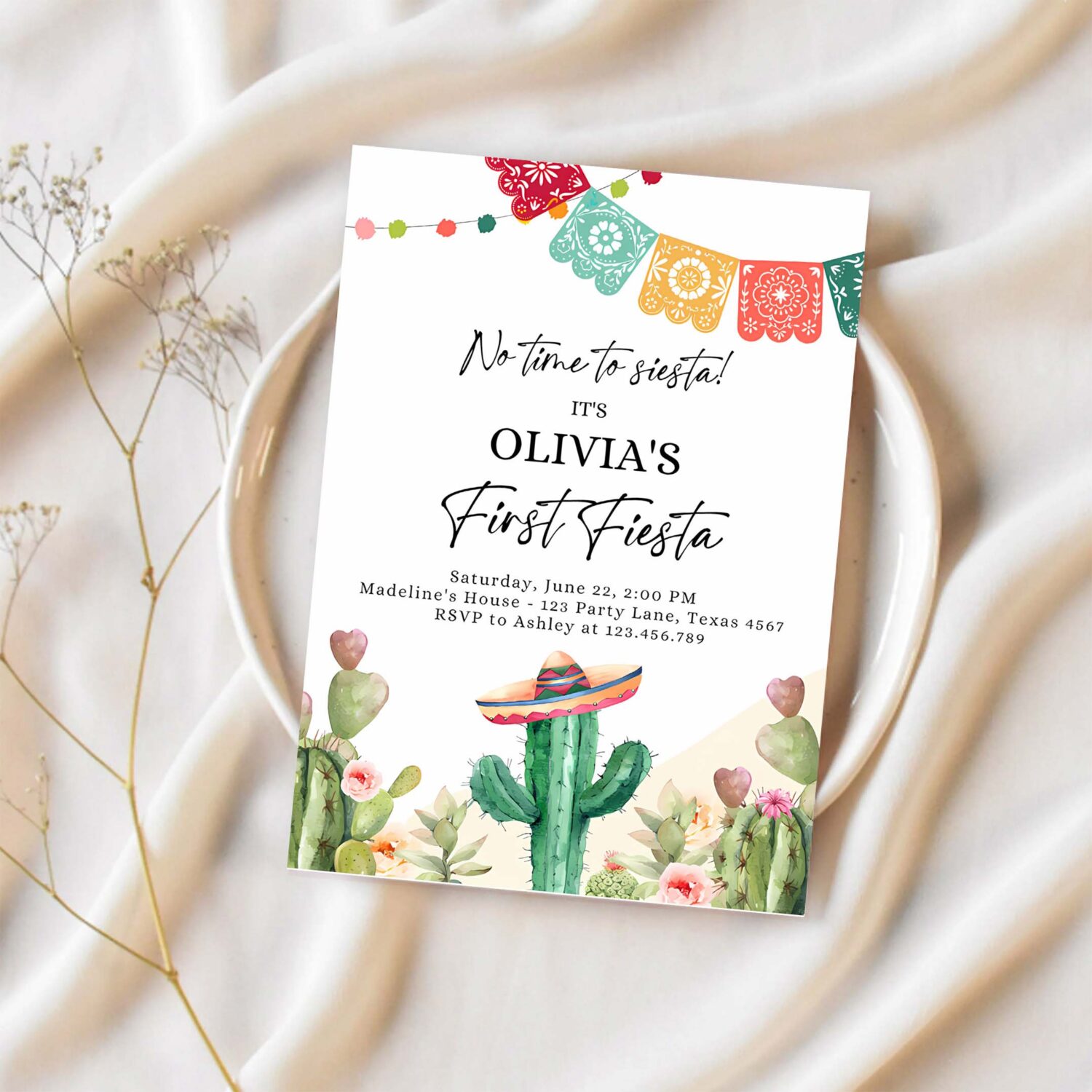 Editable fiesta invitation first fiesta birthday mexican cactus succulent desert floral girl kids printable invitation template corjl 0404 1