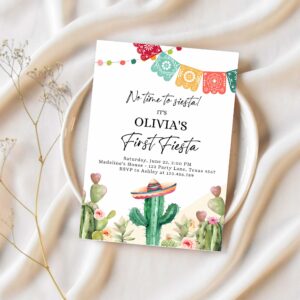 Editable fiesta invitation first fiesta birthday mexican cactus succulent desert floral girl kids printable invitation template corjl 0404 1
