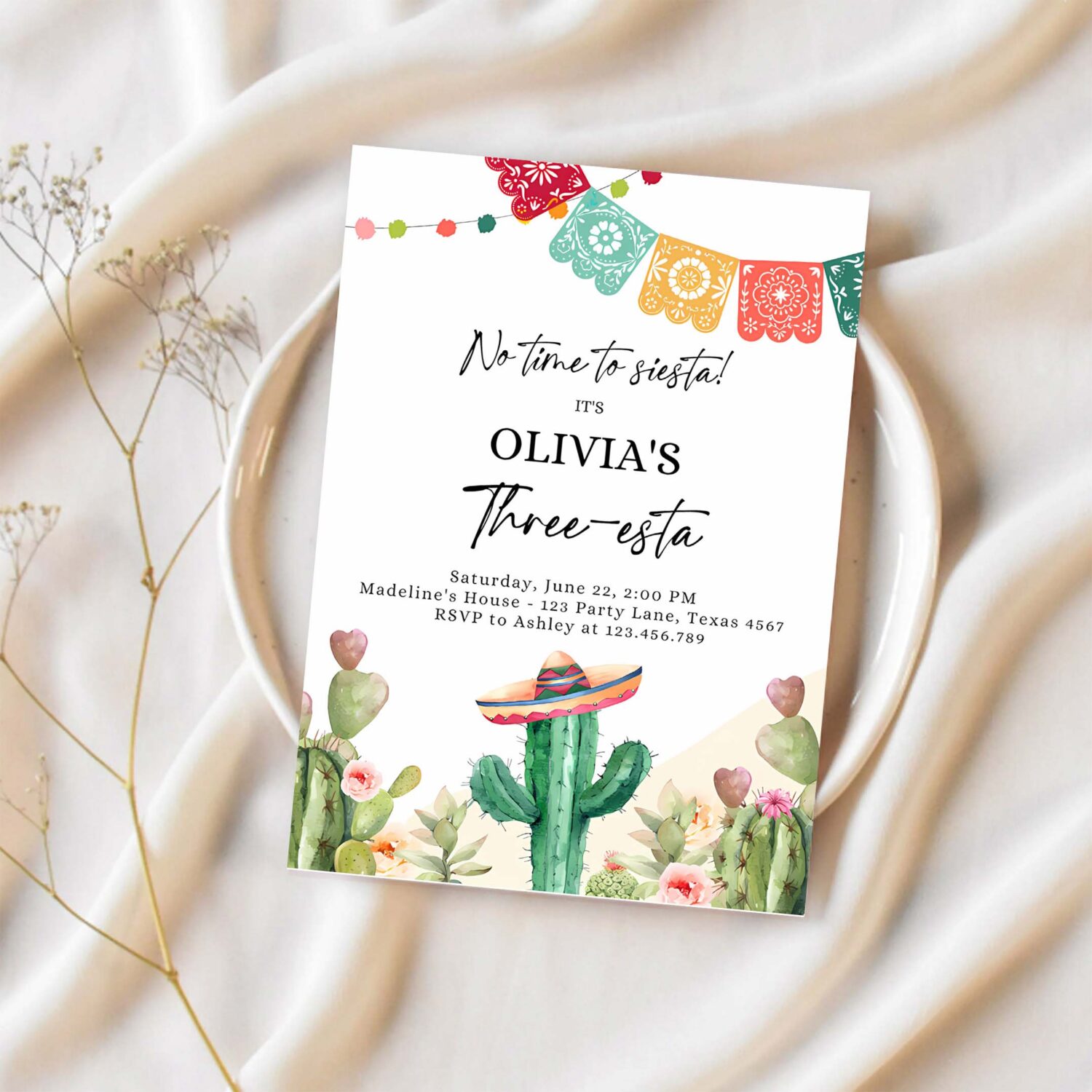 Editable fiesta invitation three esta birthday mexican cactus succulent desert floral girl kids 3rd printable invitation template corjl 0404 1