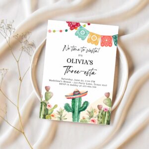 Editable fiesta invitation three esta birthday mexican cactus succulent desert floral girl kids 3rd printable invitation template corjl 0404 1