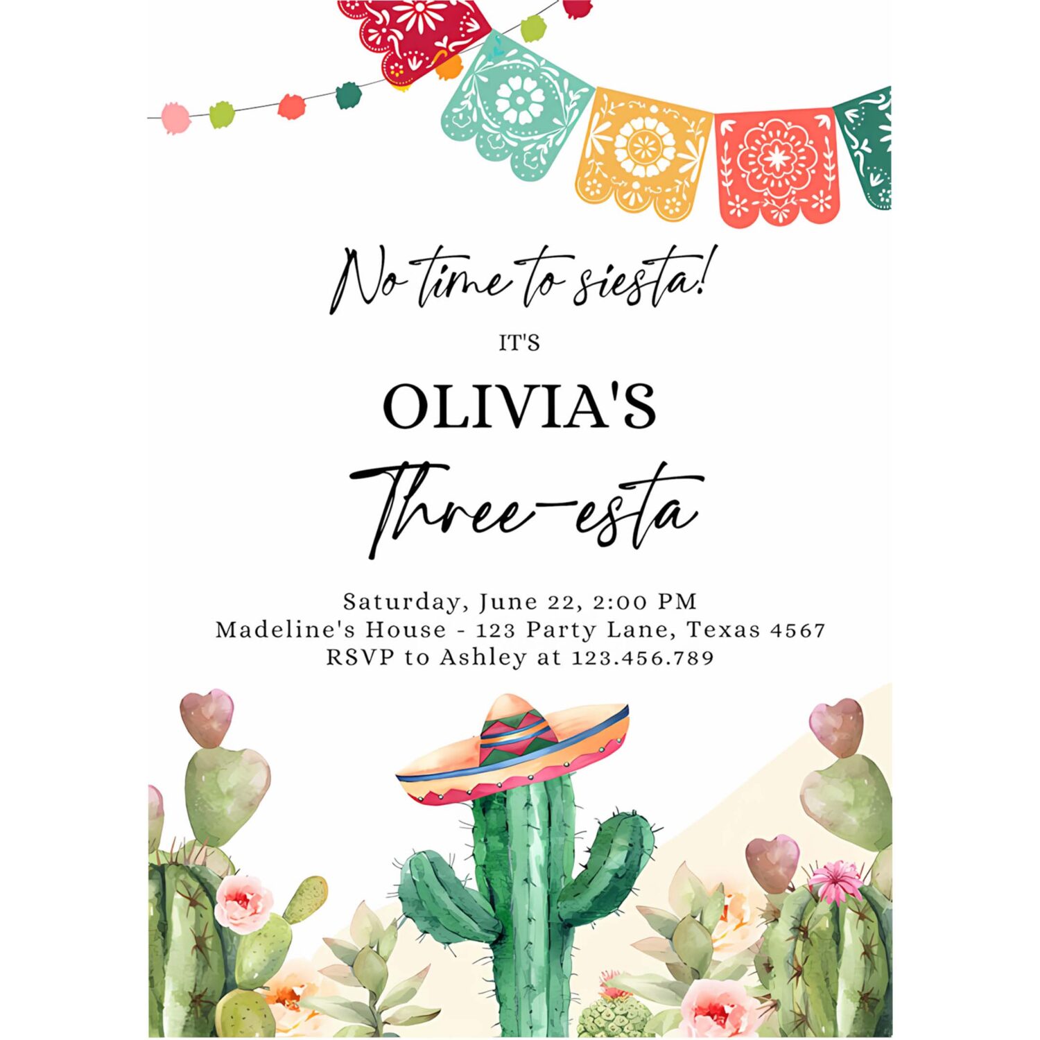 Editable fiesta invitation three esta birthday mexican cactus succulent desert floral girl kids 3rd printable invitation template corjl 0404 4